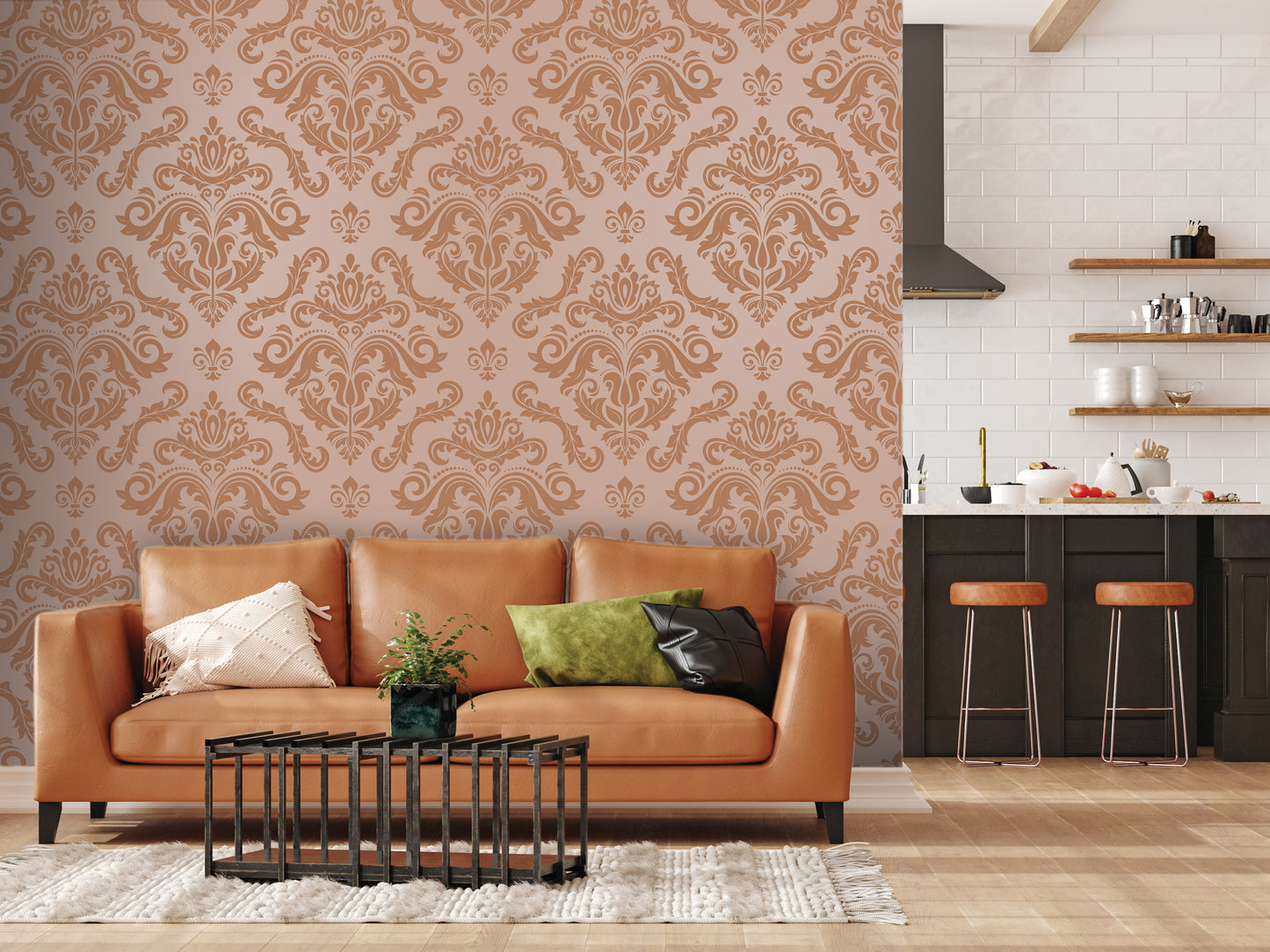 a living room with a brown sofa, a coffee table, and a kitchen area with a counter and stools. The walls are decorated with a patterned wallpaper, and the room has a warm, inviting atmosphere.