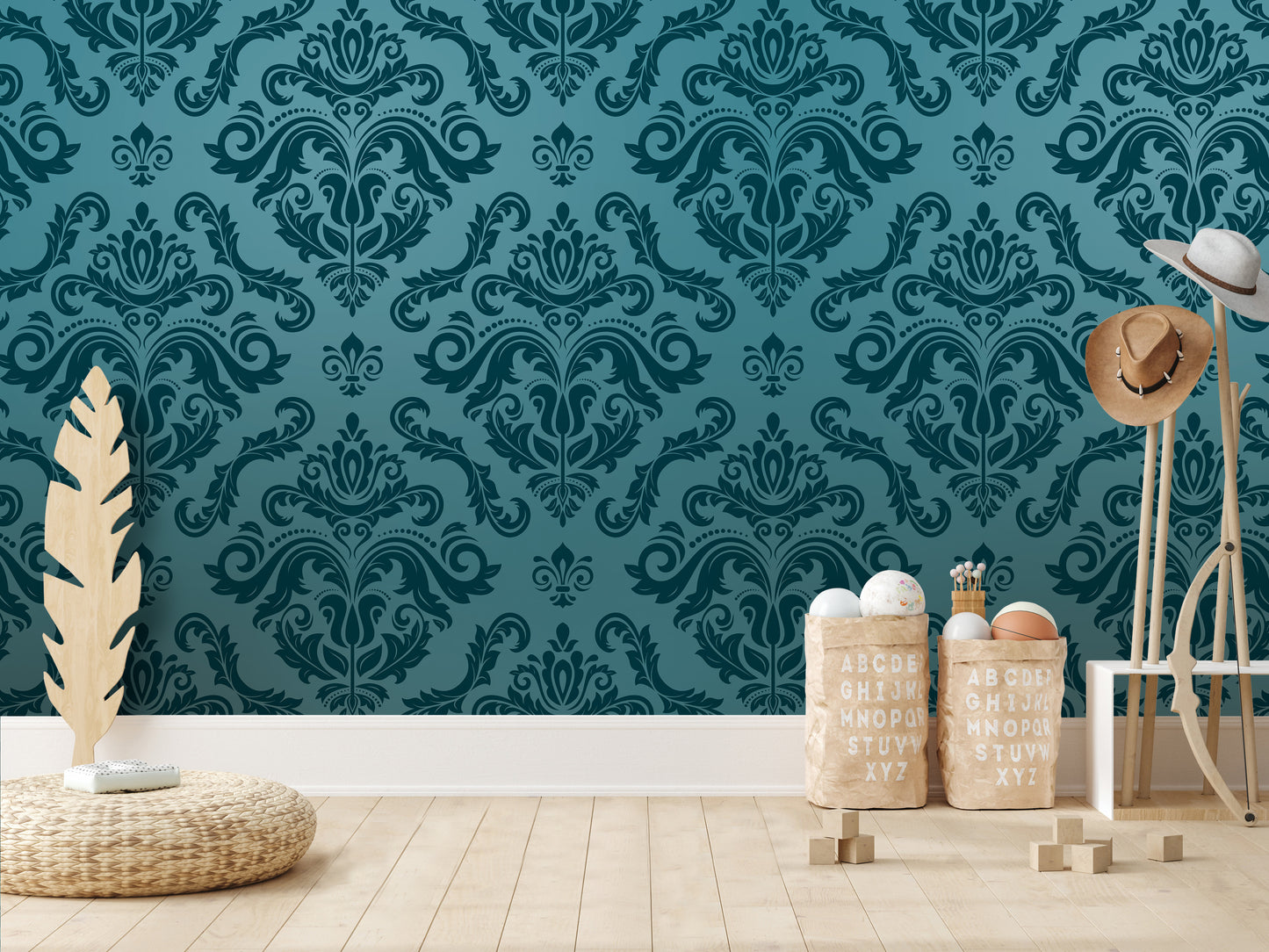 a room with a blue damask patterned wall, a wicker basket, a wooden stool, and a stack of wooden blocks.
