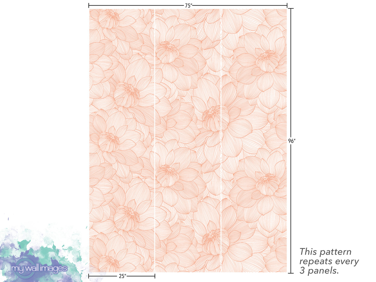 a repeating pattern of peach-colored flowers on a white background. The pattern repeats every 3 panels, and the image is described as a collage of multiple images.
