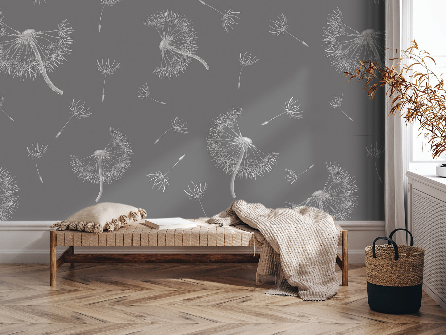a cozy and inviting living space with a wooden bench, a woven basket, and a decorative wall with a repeating pattern of dandelions.
