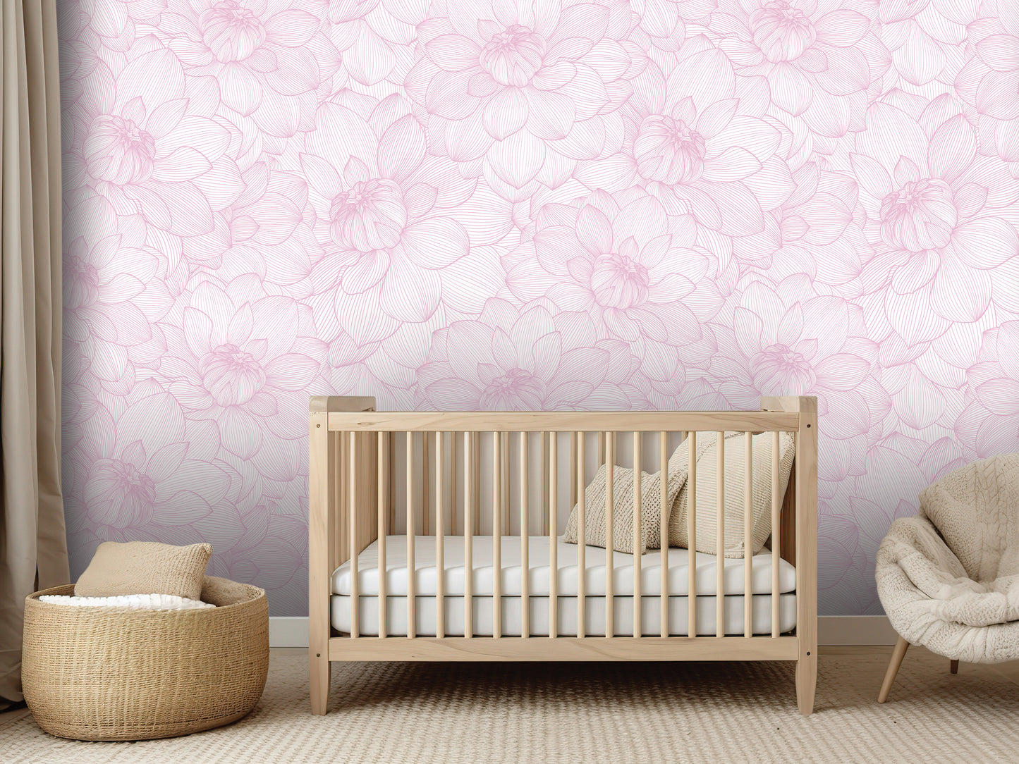 a nursery room with a wooden crib, a woven basket, and a plush chair. The walls are covered in a pink floral wallpaper, creating a serene and calming atmosphere.