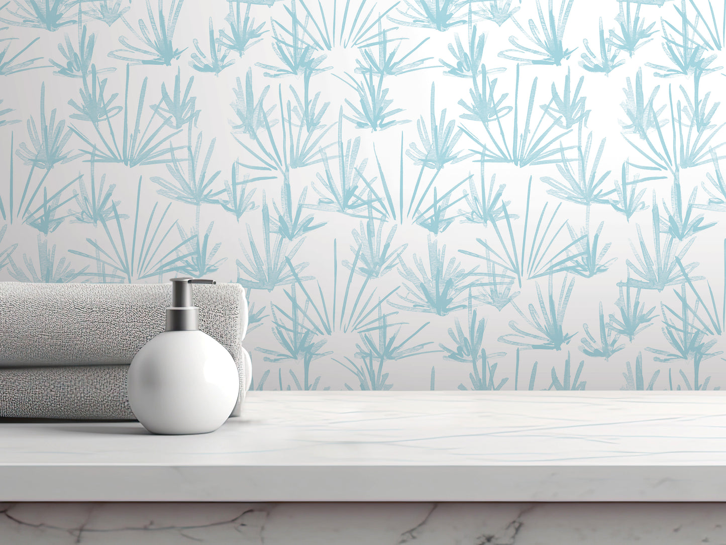 a white countertop with a white soap dispenser and a folded towel, set against a wall with a repeating pattern of blue and green palm leaves.