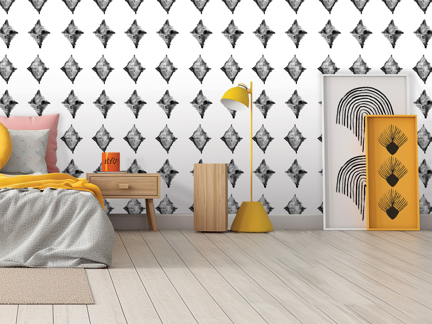 a modern bedroom with a black and white diamond pattern wallpaper, a yellow lamp, a wooden nightstand, a yellow and black abstract artwork, and a gray and yellow bedspread.