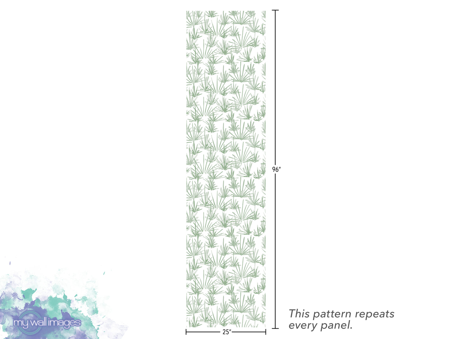 The image is a vertical panel with a repeating pattern of green leaves or grass-like shapes. The pattern repeats every panel, and the image is described as a "repeats every panel" and "25" inches tall.