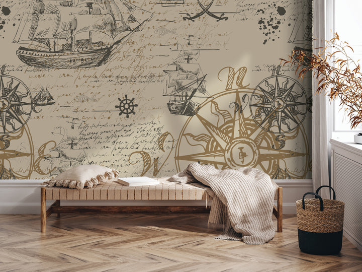 a room with a large wall mural depicting a ship and various nautical elements, including a compass and a ship's wheel. The room also has a wooden bench, a woven basket, and a plant, creating a cozy and nautical-inspired atmosphere.