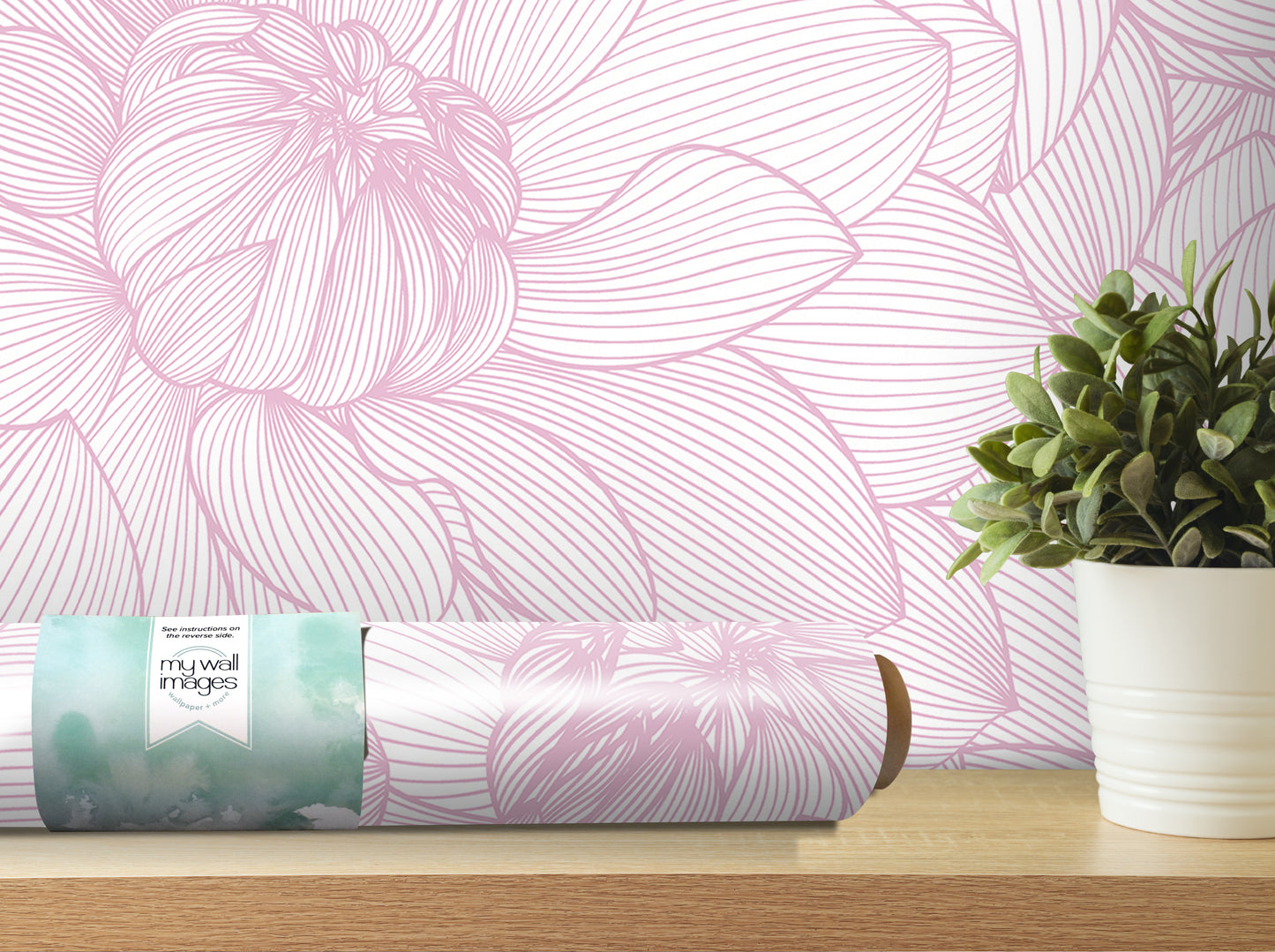a pink floral wallpaper with a potted plant on a shelf.