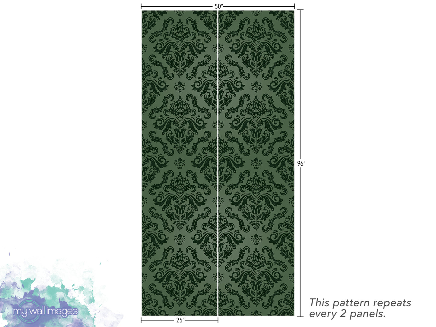 a repeating pattern of a green and black damask design, with the pattern repeating every 2 panels.