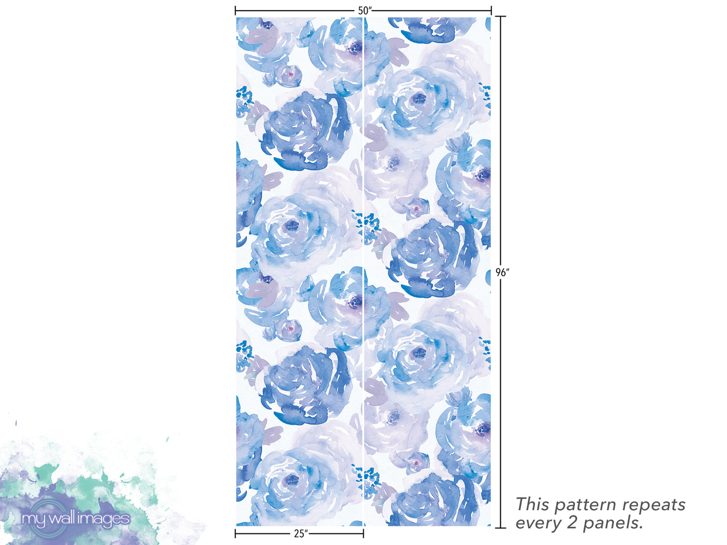 a repeating pattern of blue and white watercolor flowers on a white background. The pattern repeats every 2 panels.