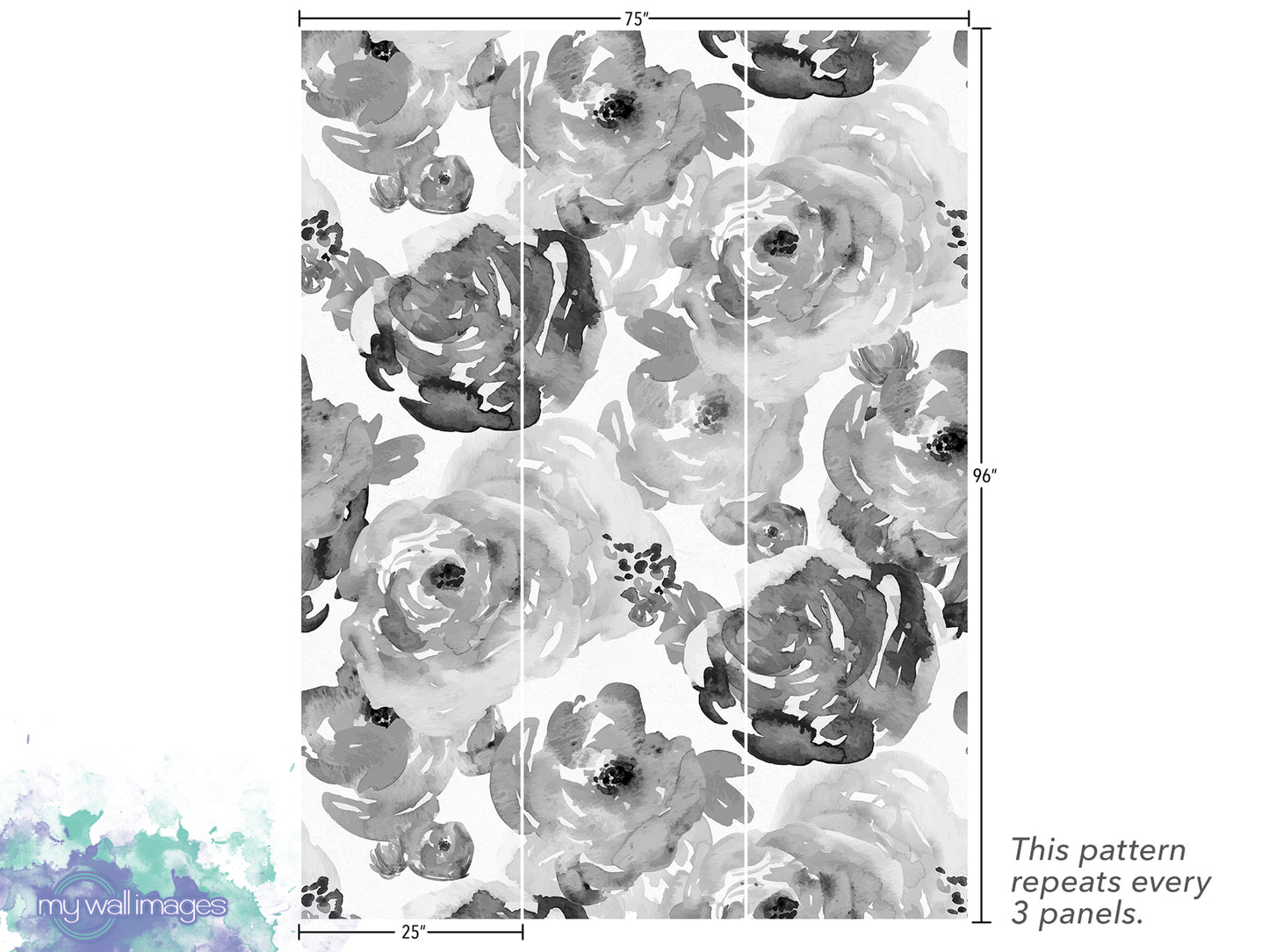 a repeating pattern of black and white watercolor flowers on a white background. The pattern repeats every 3 panels.