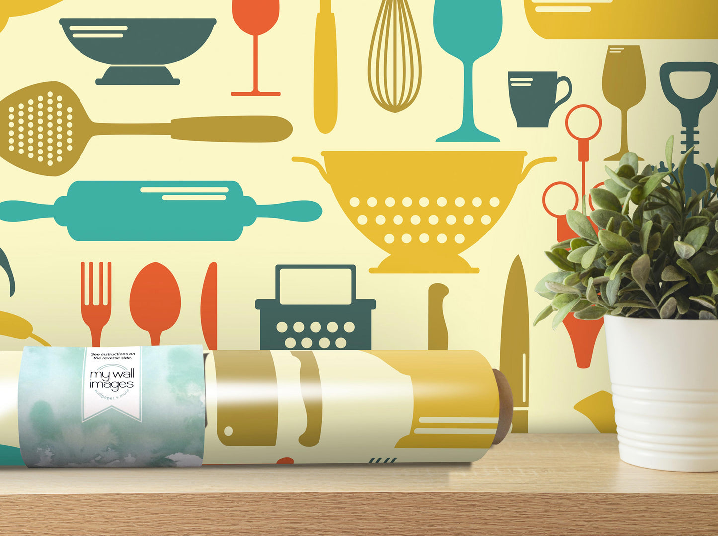 a wall with a repeating pattern of various kitchen utensils and appliances, including a rolling pin, wine glass, whisk, and other items, all rendered in a vibrant and colorful style.
