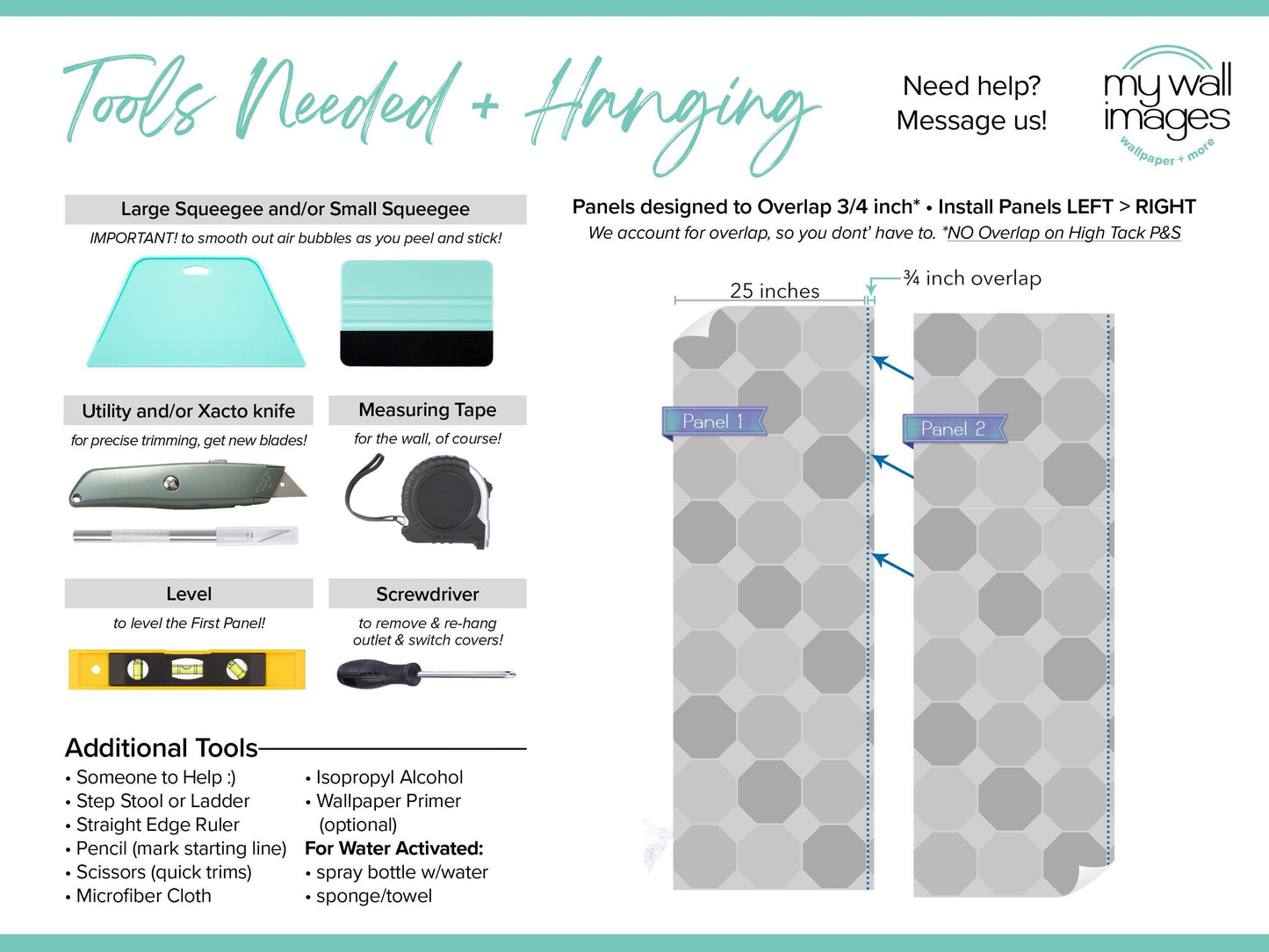 The image is a collection of tools needed for hanging panels, including a large squeegee, a measuring tape, a level, a screwdriver, and various other tools such as alcohol, a ladder, a wallpaper Primer, a straight edge ruler, a spray bottle, scissors, a water bottle, and a microfiber cloth.