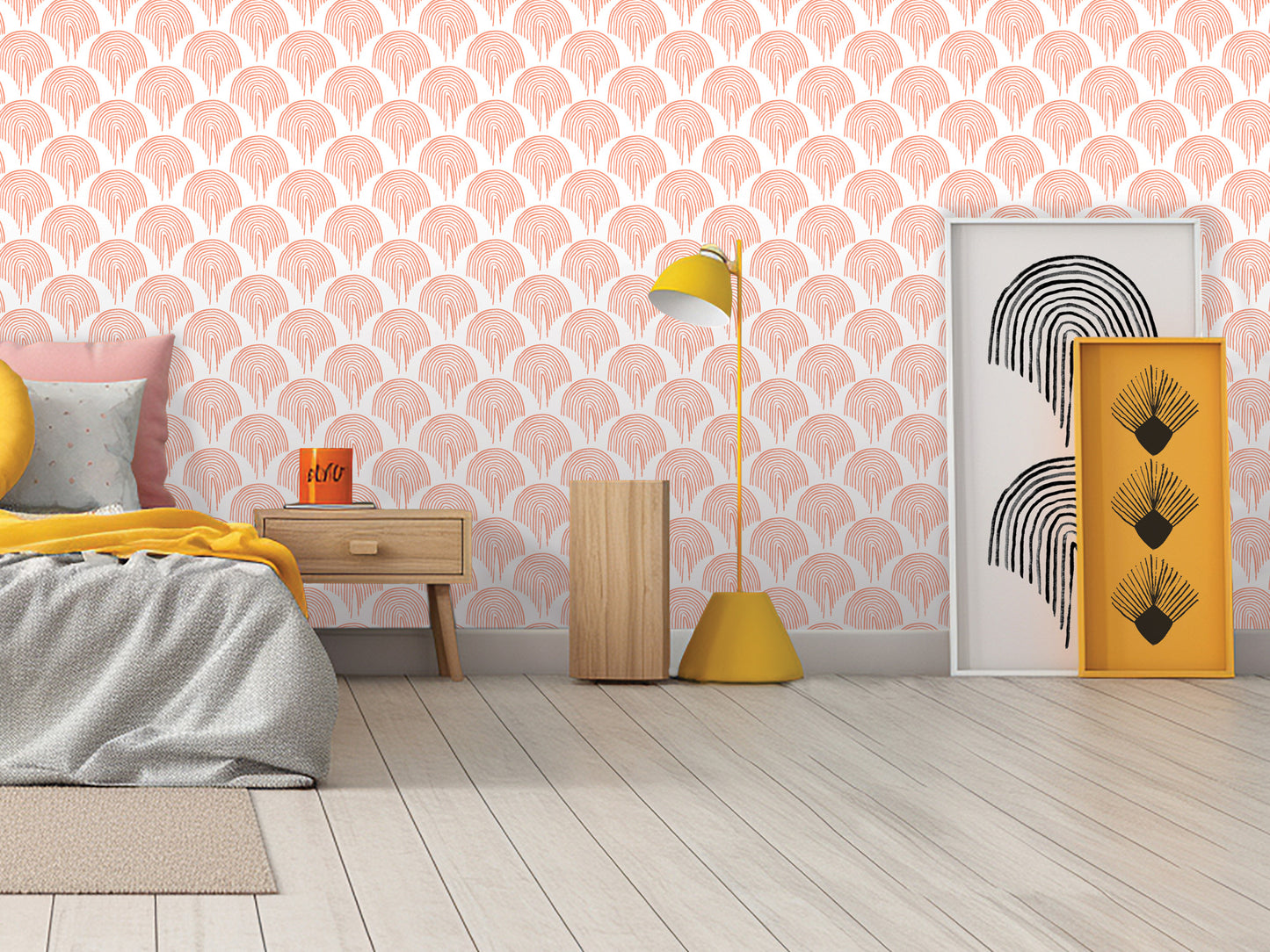 a modern bedroom with a pink and white patterned wallpaper, a wooden bed frame, a yellow floor lamp, a wooden nightstand, and a framed artwork on the wall.