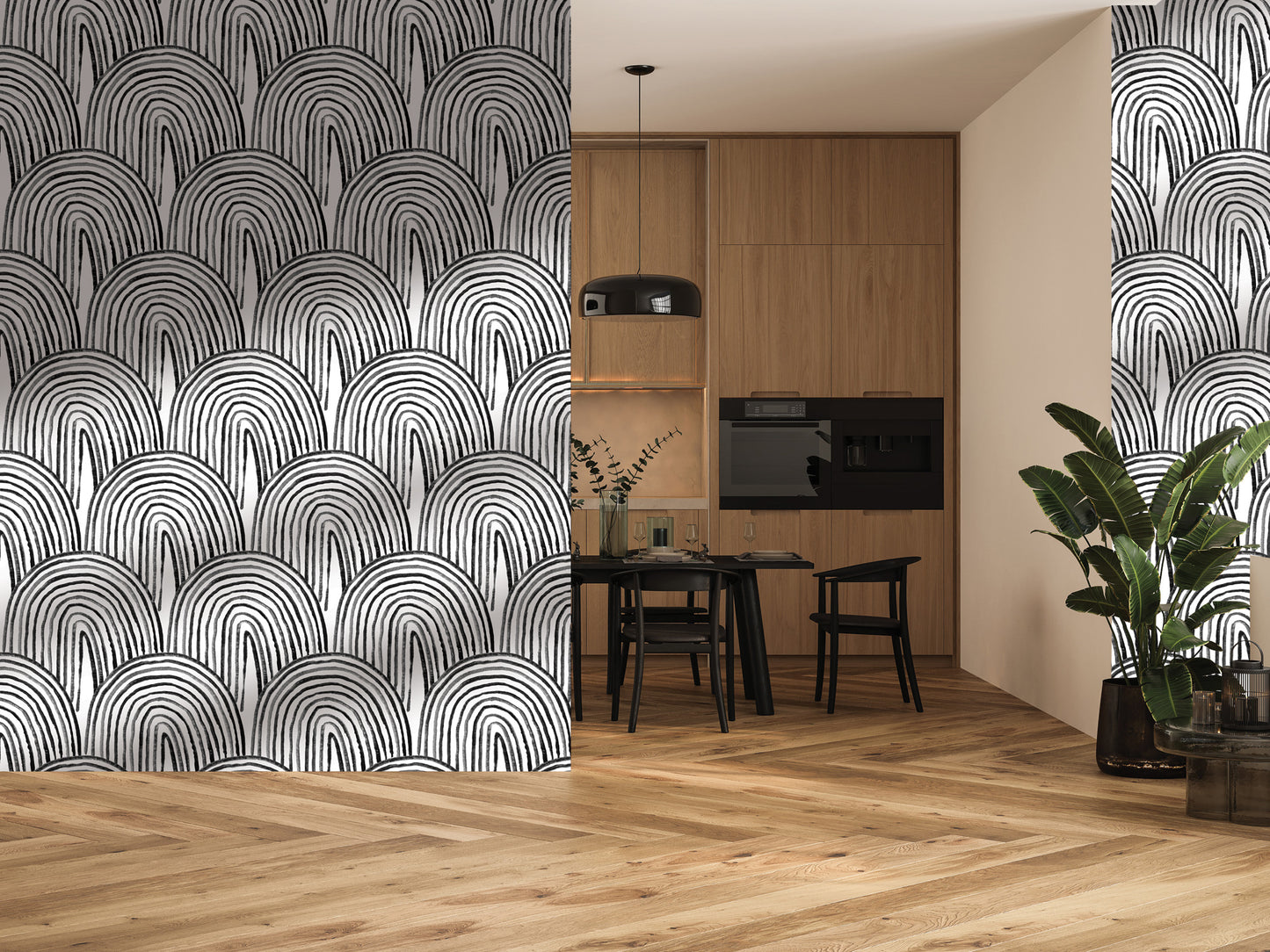 a modern kitchen with a dining area. The kitchen has a black and white geometric pattern on the wall, and the dining area has a wooden table and chairs. There is a potted plant and a vase on the table, adding a touch of greenery to the space. The overall design has a contemporary and stylish aesthetic.