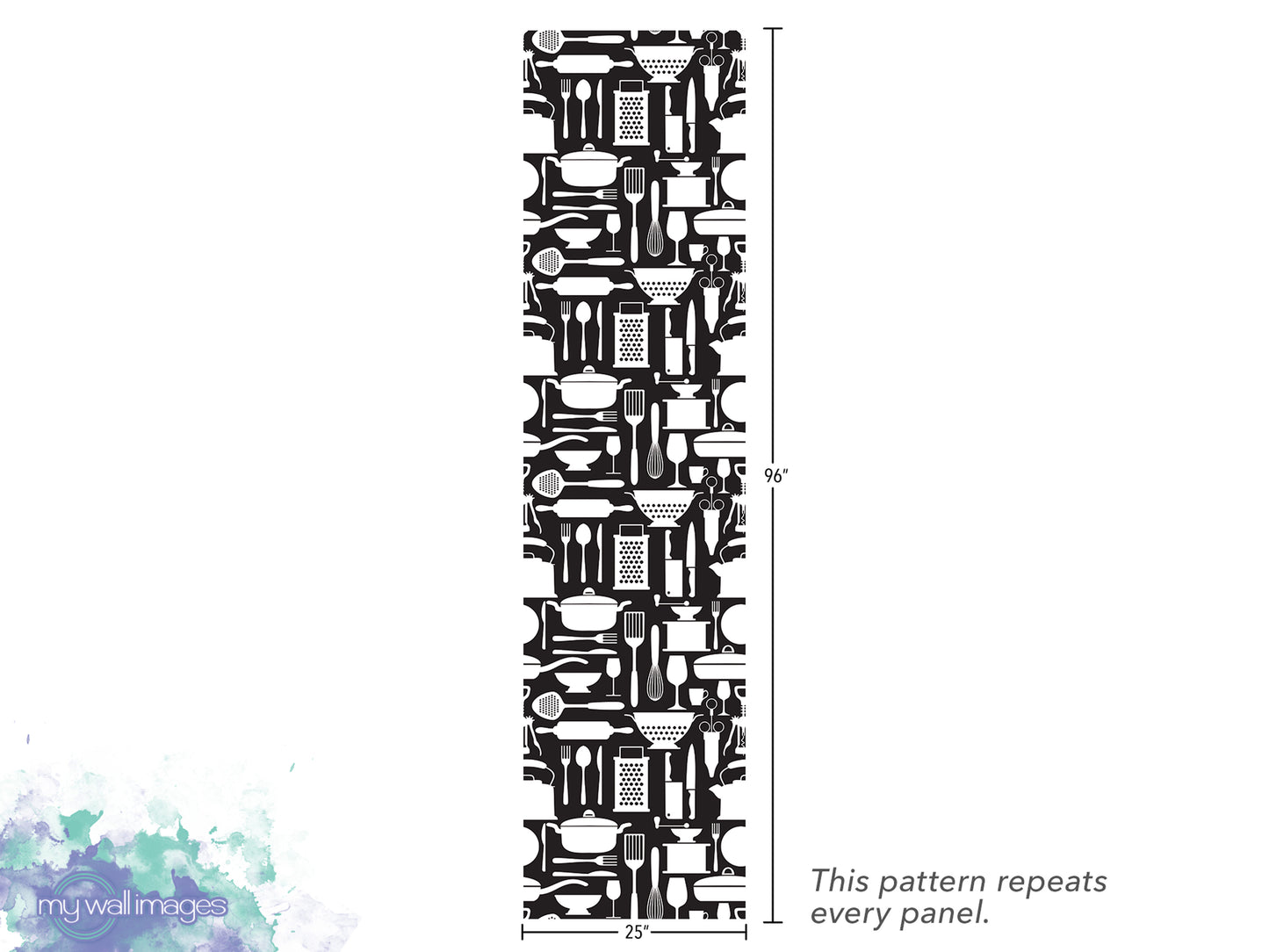 The image is a repeating pattern of various kitchen utensils and appliances, such as spoons, knives, bowls, and cups, arranged in a vertical column. The pattern repeats every panel, and the image is described to be 25 inches tall.