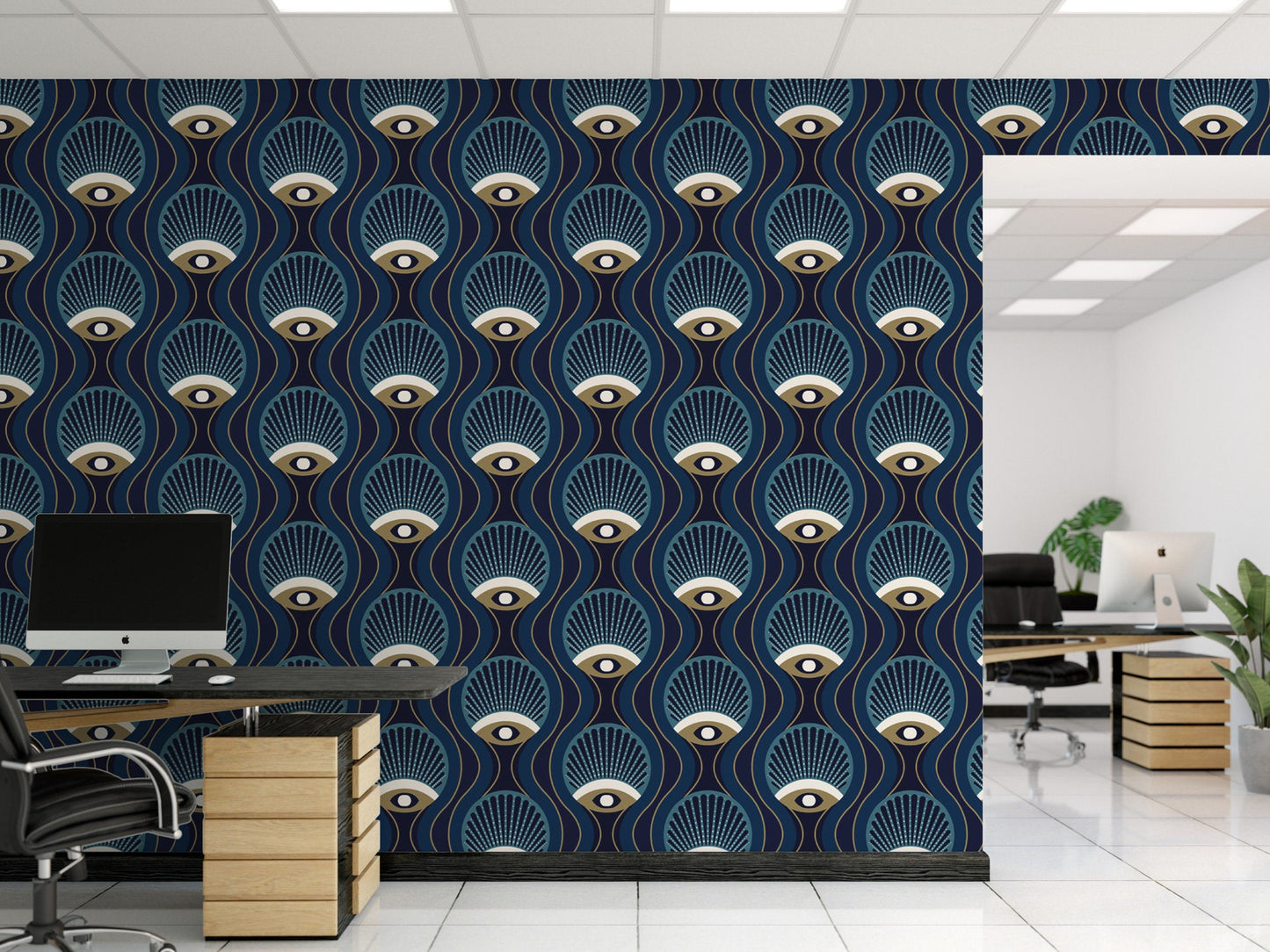 Art Deco Eye Wallpaper | Navy Gold Modern Peel and Stick Mural (MW1754)
