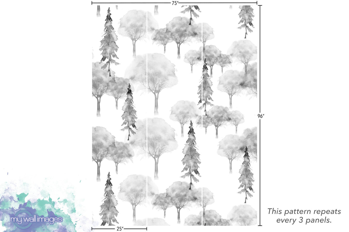Watercolor Forest Wall Mural | Black White Trees Peel and Stick Wallpaper (MW1795)