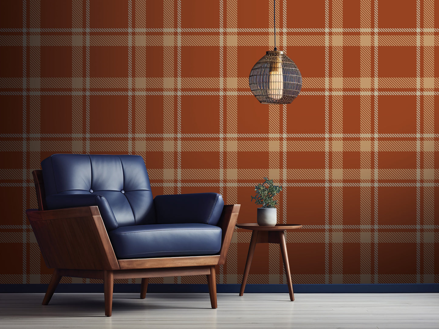 a blue leather armchair with a wooden side table, set against a wall with a plaid pattern. A potted plant is placed on the side table, and a hanging light fixture is visible above the armchair.