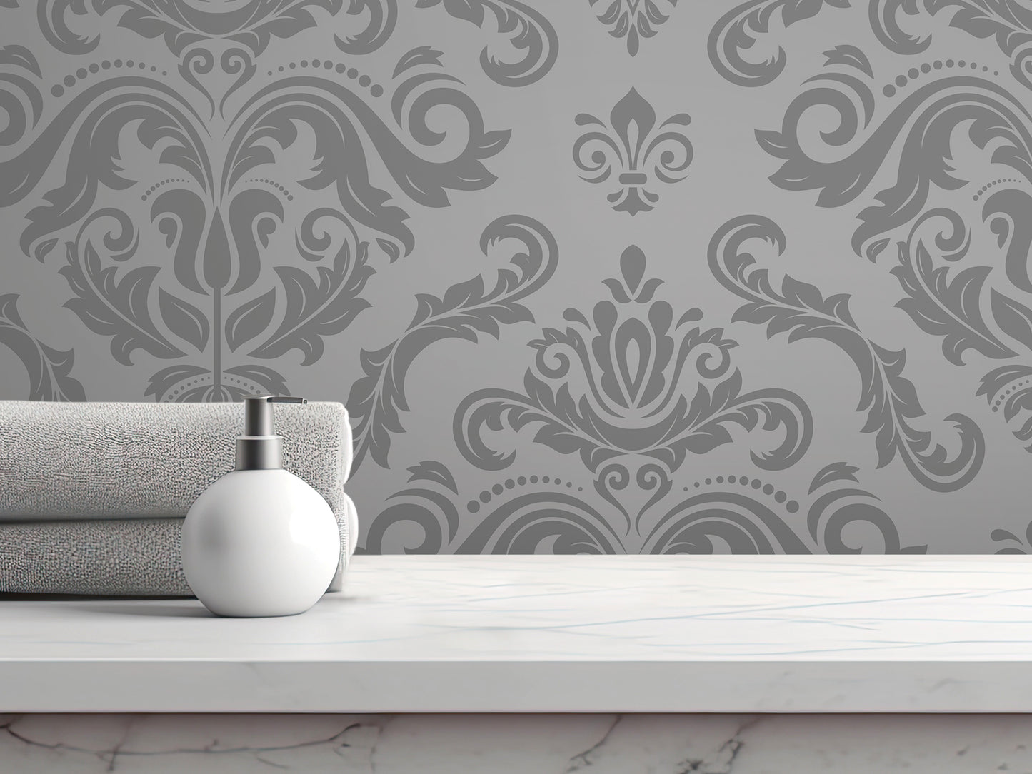 A white soap dispenser sits on a white marble countertop, with rolled towels and a gray and white patterned wallpaper in the background.