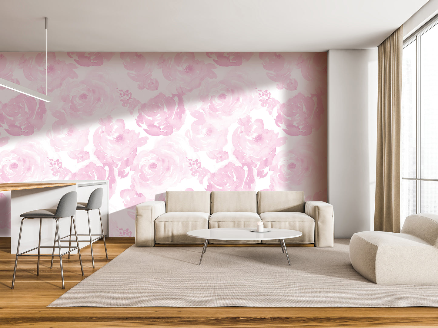 a modern living room with a pink floral wallpaper on the wall, a white sofa, a round coffee table, and a white chair.