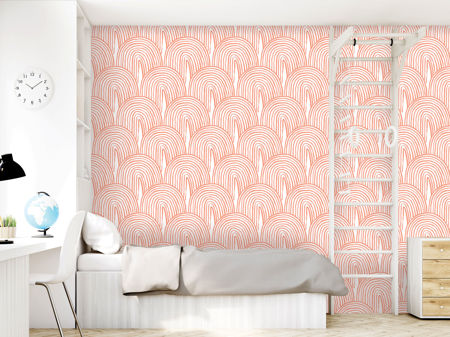 a modern bedroom with a white bed, a white dresser, and a white ladder. The walls are covered in a repeating pattern of orange and white arches, creating a visually striking and vibrant atmosphere.