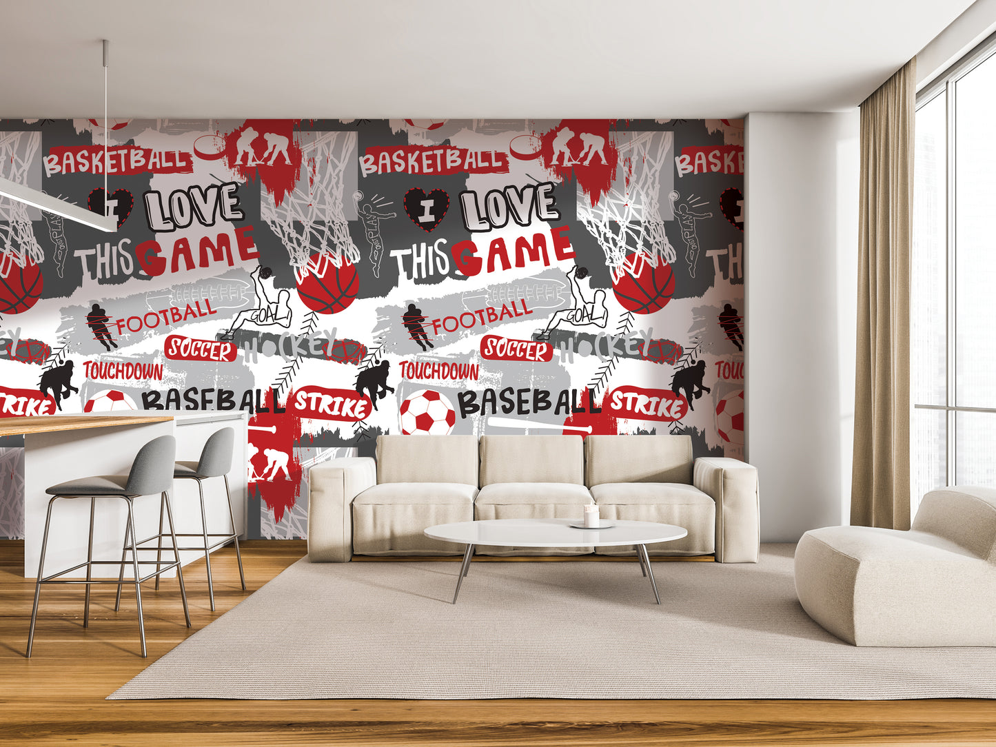 a modern living room with a white sofa, a coffee table, and a barstool. The walls are decorated with a vibrant, graffiti-style wall mural that includes various sports-related words and phrases such as "BASKETBALL", "I LOVE THIS AM", "FOOTBALL", "SOCCER", "TOUCHDOWN", "BASEBALL", "STRIKE", and "TOWNS". The overall design of the room has a contemporary and energetic feel.