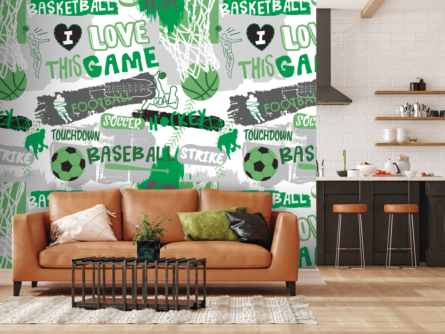 a living room with a brown leather couch, a coffee table, and a kitchen area with a countertop and shelves. The wall behind the couch is covered in a collage of various sports-related images, including basketballs, soccer balls, and baseballs, along with the words "I LOVE THIS GAME" and "TOUCHDOWN BAS".