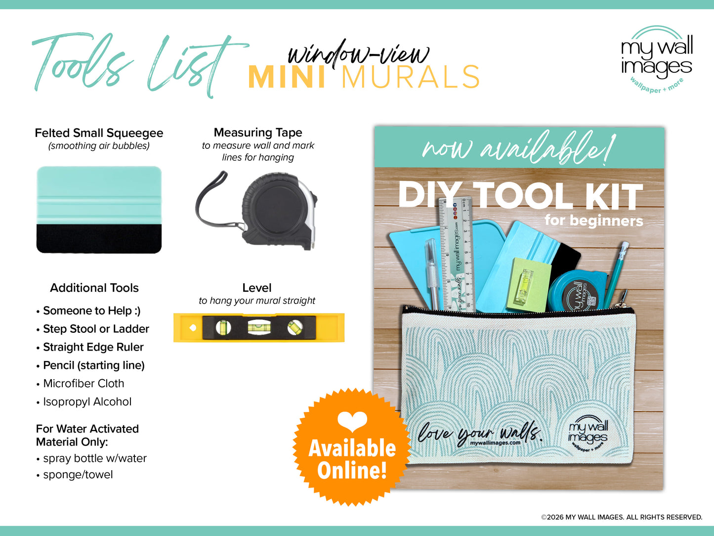 The image is a promotional advertisement for a "DIY Tool Kit" for beginners, featuring various tools such as a measuring tape, a level, a step stool or ladder, a straight edge ruler, a pencil, a microfiber cloth, and an alcohol wipe. The advertisement also includes a "DIY Tool Kit for beginners" and a "DIY Tool Kit for beginners" book, as well as a "DIY Tool Kit for beginners" tutorial. The image is available online and includes a "Love your walls" logo.