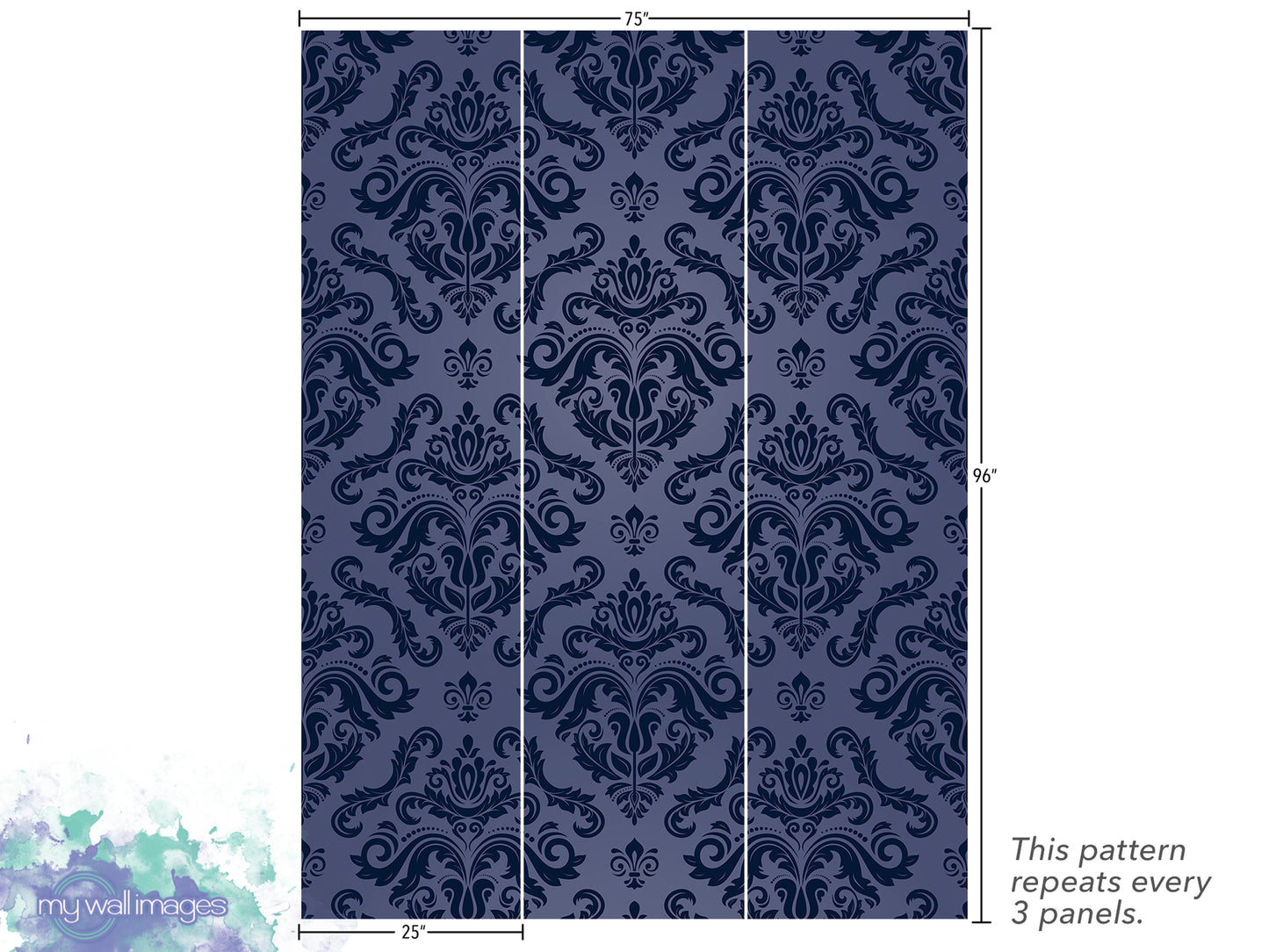a repeating pattern of a dark blue damask design, which appears to be a wallpaper or textile pattern. The pattern repeats every 3 panels, and the image is described as a collage of multiple images.