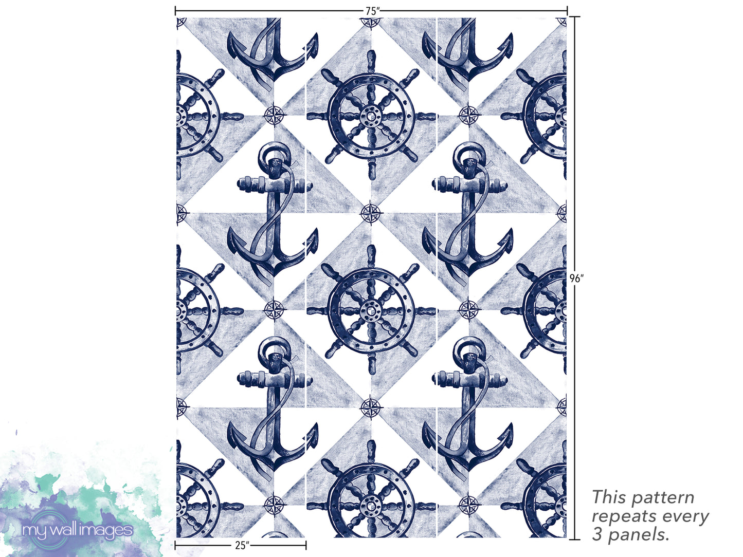 The image is a repeating pattern of anchors and ship's wheels, with the pattern repeating every 3 panels.