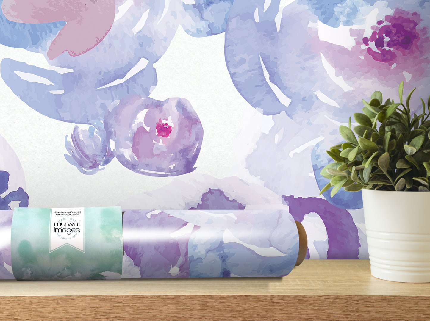 a wallpapered wall with a potted plant on a shelf next to it.