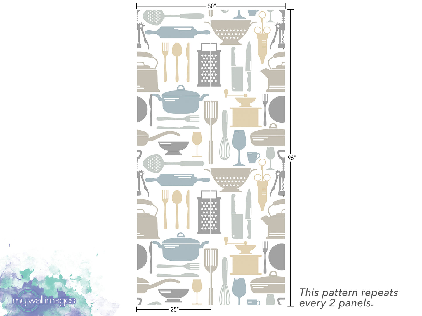 The image is a repeating pattern of various kitchen utensils and appliances, such as spoons, bowls, knives, and other kitchen tools, arranged in a grid-like fashion. The pattern repeats every 2 panels, and the image is approximately 25 inches tall.
