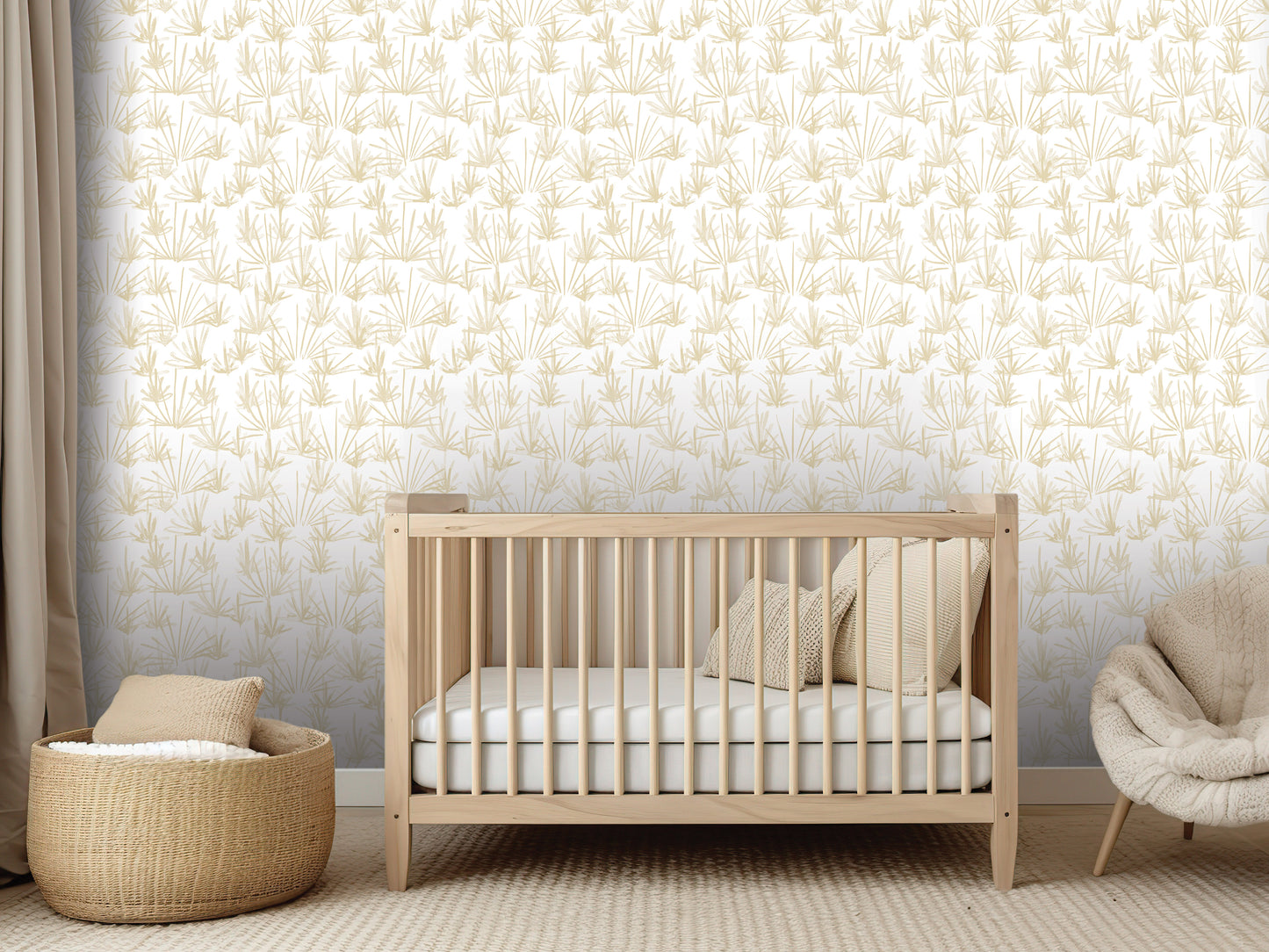 a modern nursery with a wooden crib, a woven basket, and a plush chair, all set against a wall with a repeating pattern of leaves in a light color scheme.