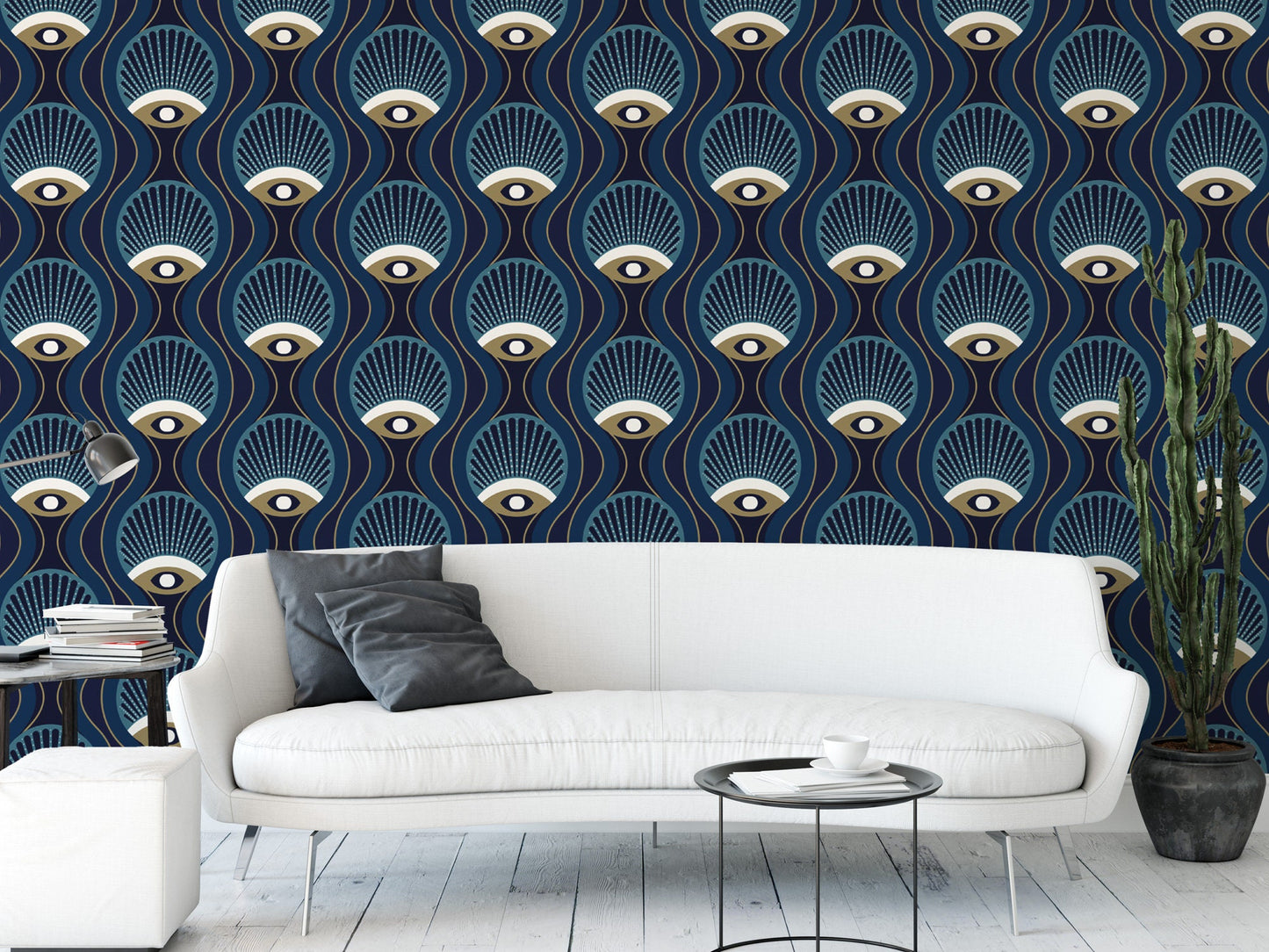 Art Deco Eye Wallpaper | Navy Gold Modern Peel and Stick Mural (MW1754)