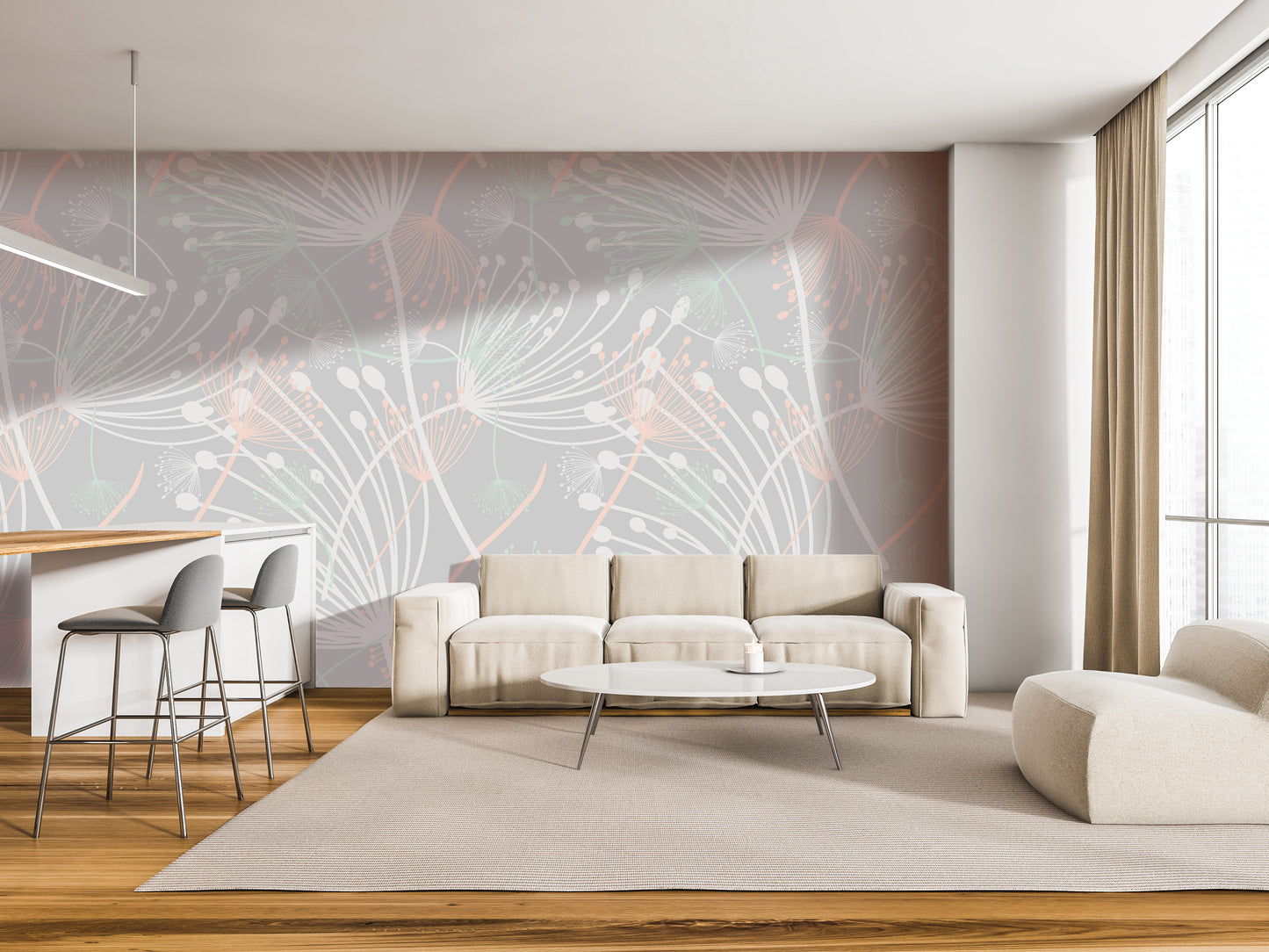 a modern living room with a large floral pattern on the wall behind a white sofa and a round coffee table. The room has a minimalist and clean design, with a wooden floor and a large window providing natural light.