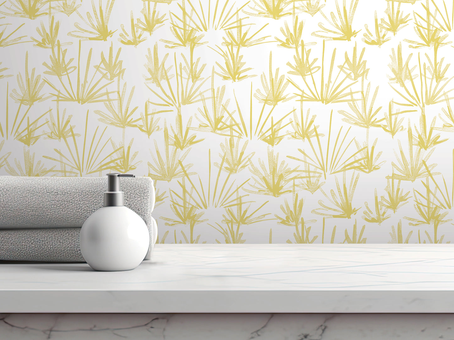a white countertop with a white soap dispenser and a gray towel. The backdrop is a wall with a yellow and green floral pattern.