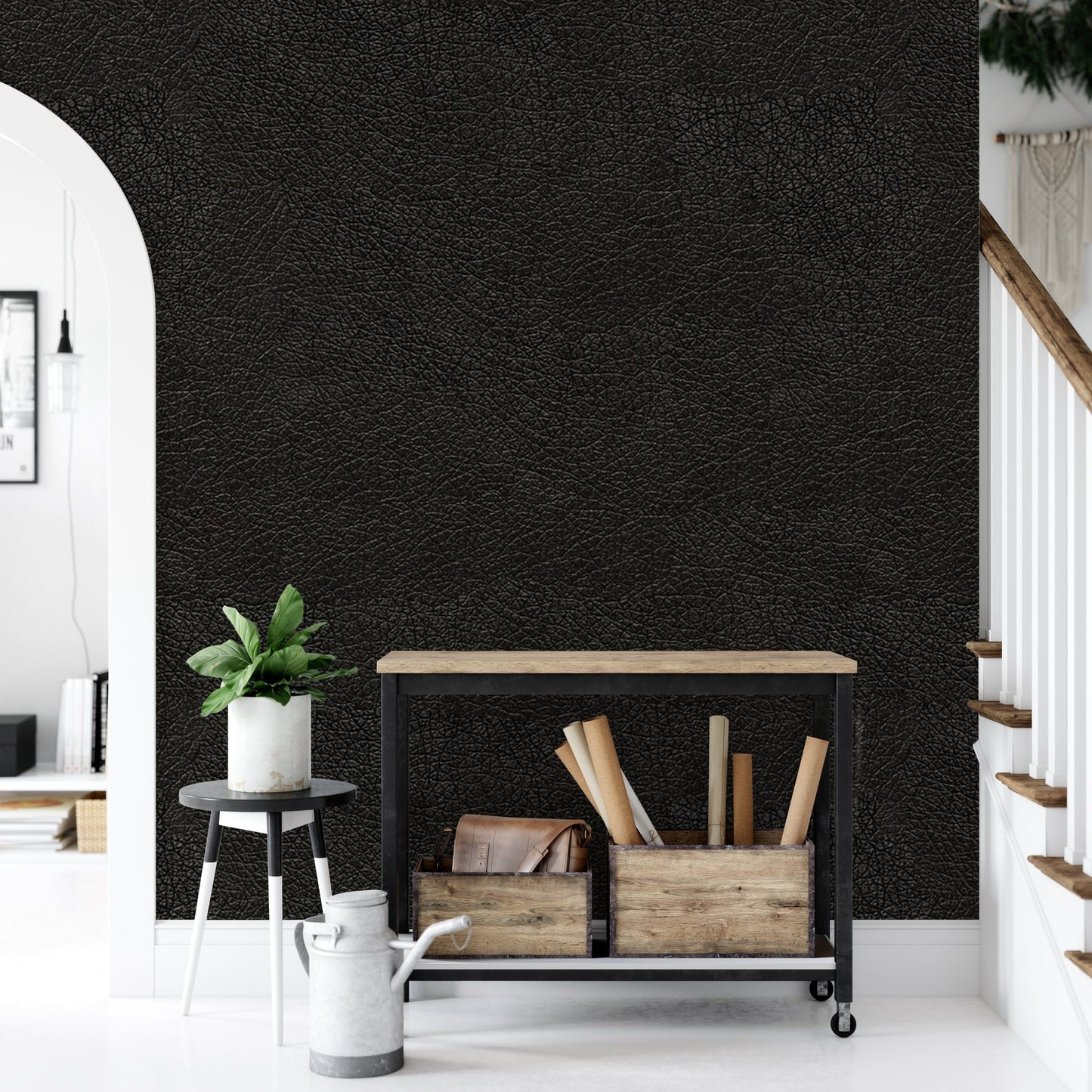 Black Leather Faux Texture Wallpaper | Peel and Stick Wall Mural (MW1527)