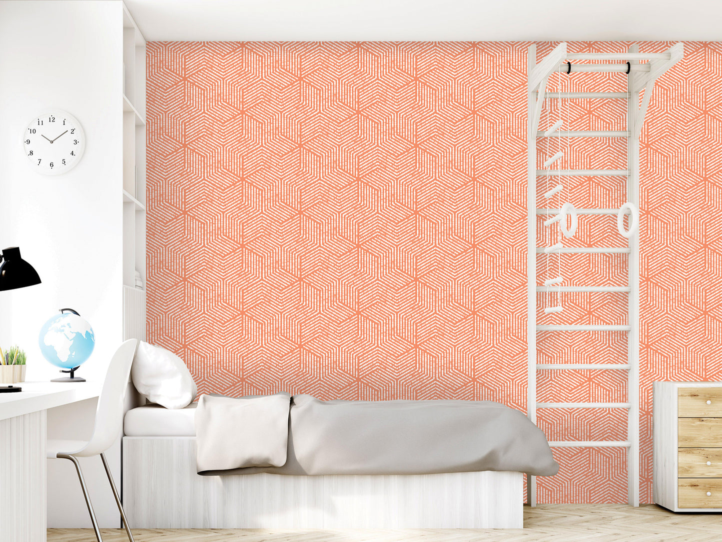 a modern bedroom with a white bed, a white dresser, and a white ladder against a wall with a geometric orange and white pattern.