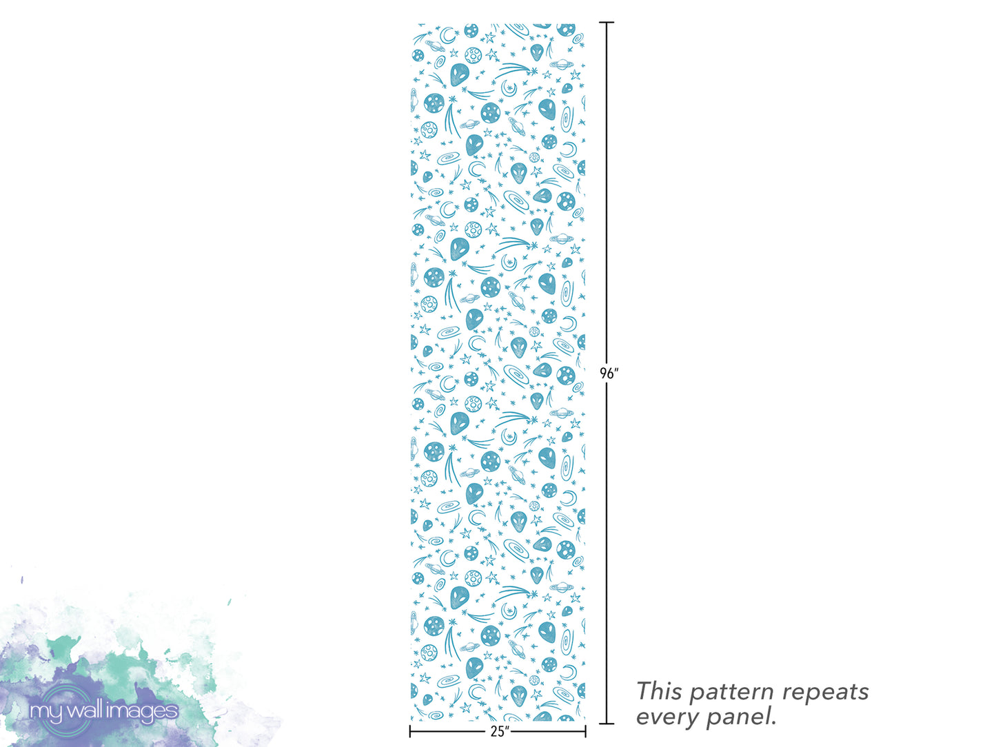 The image is a vertical panel with a repeating pattern of blue and white shapes, such as circles, stars, and lines, which repeats every panel.