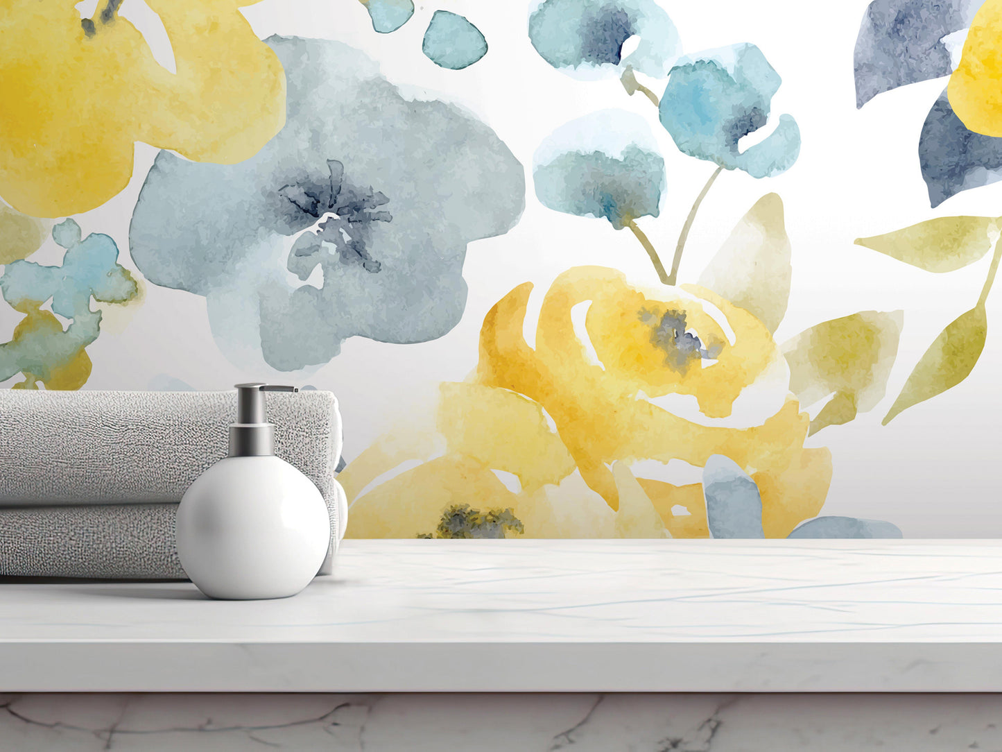 a white shelf with a white soap dispenser on it, set against a vibrant floral wallpaper.