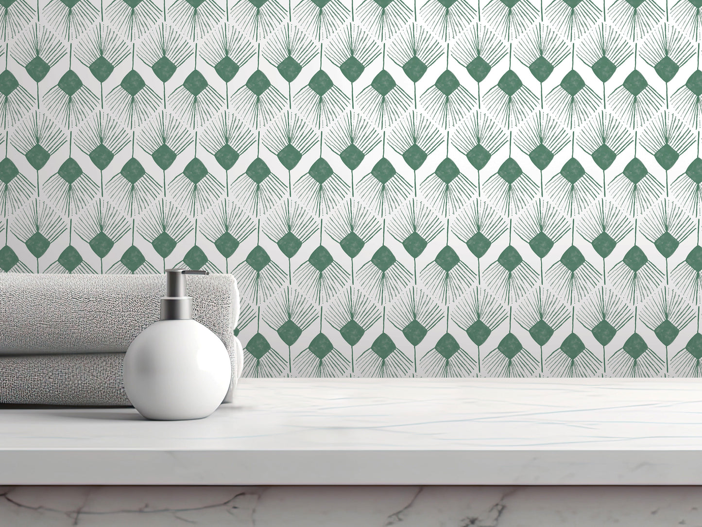 a white countertop with a white soap dispenser and a folded towel, set against a patterned green and white wallpaper.