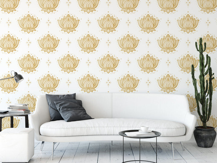 Golden Lotus Wallpaper | Zen Meditation Yoga Peel and Stick Mural (MW1590)