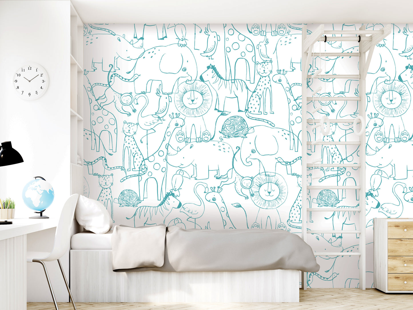a child's bedroom with a white bed, a dresser, and a ladder. The walls are covered in a mural featuring various animals, including elephants, giraffes, and zebras. There is also a clock on the wall.