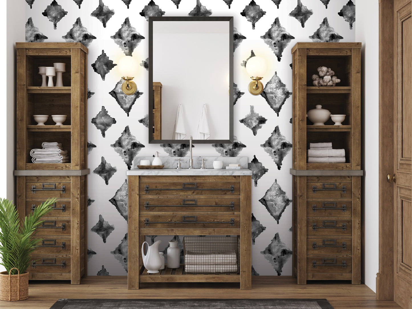 a modern bathroom with a wooden vanity, a mirror, and a black and white patterned wallpaper.