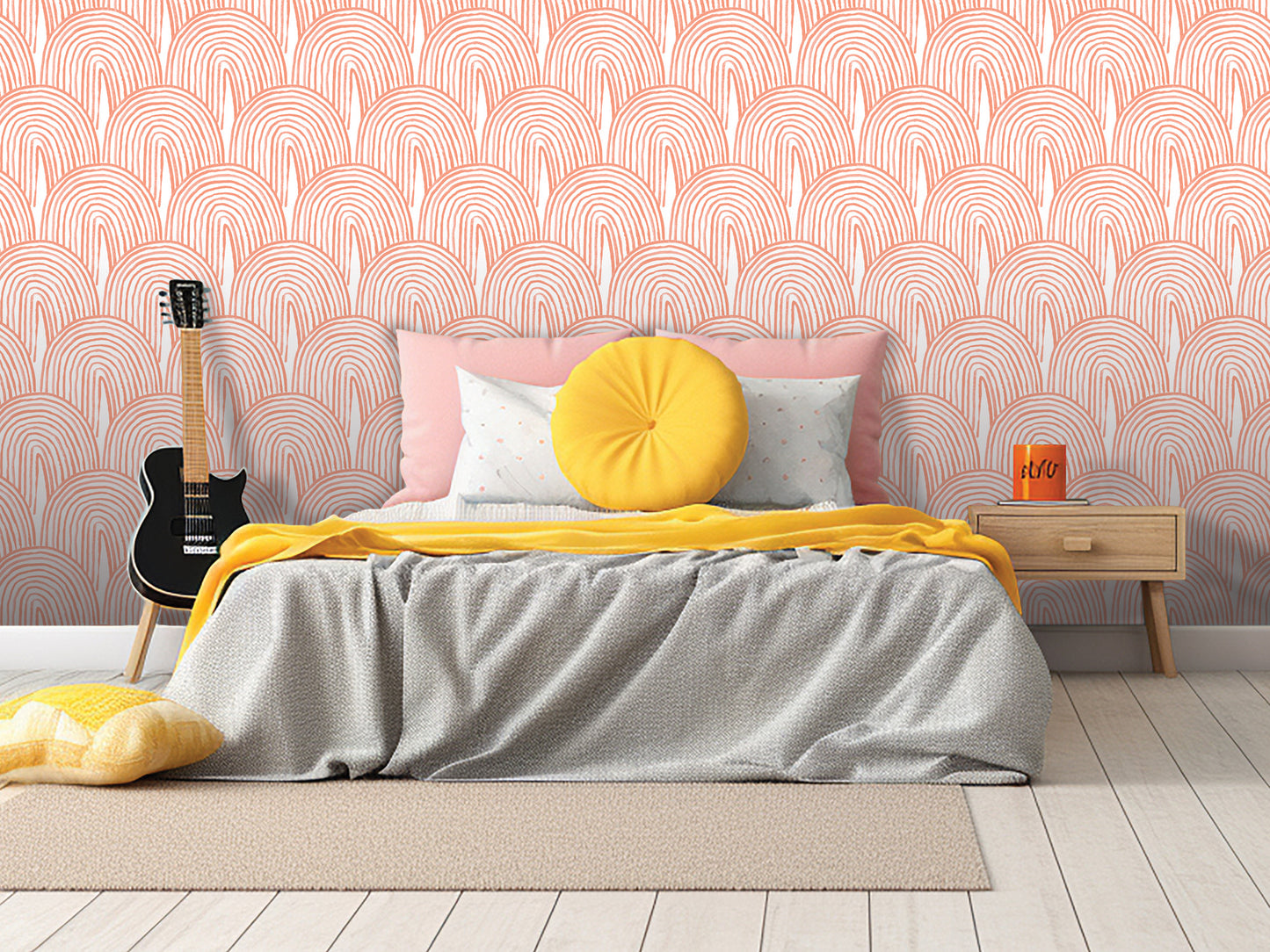 a bedroom with a bed, a guitar, and a nightstand. The walls are covered in a patterned wallpaper with orange and white swirls.