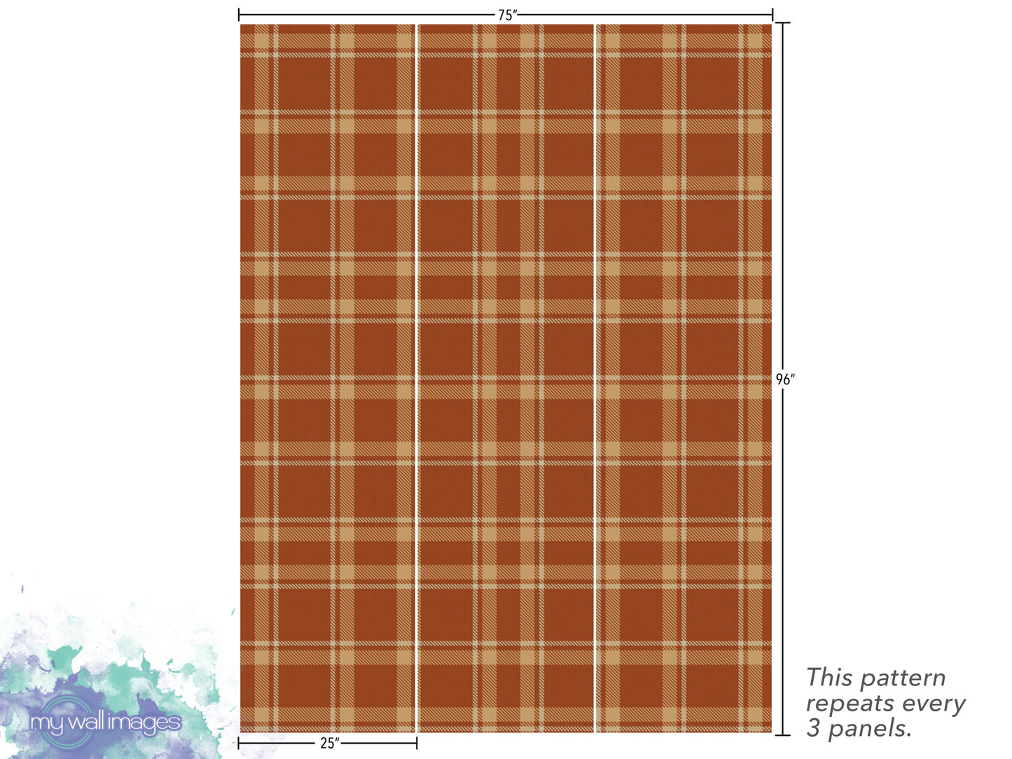 a repeating pattern of orange and brown plaid squares, with dimensions provided. The pattern repeats every 3 panels, and the image is described as a collage of multiple images.