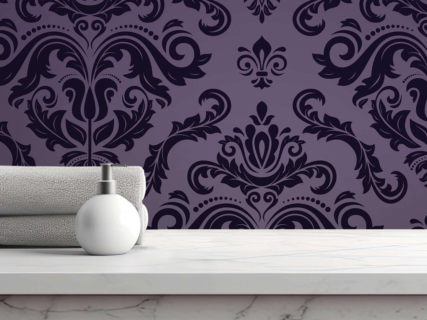 a white bottle on a marble countertop, with a purple and black damask wallpaper in the background.