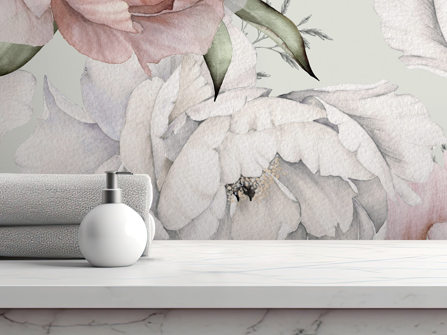 a white soap dispenser on a white marble countertop, with a large floral mural in the background.