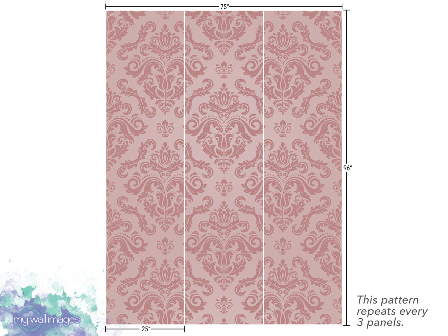 a repeating pattern of pink and white damask designs, with dimensions provided. The pattern repeats every 3 panels.
