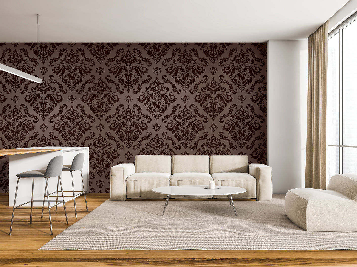 a modern living room with a large, patterned wallpaper covering the wall behind a white sofa and a coffee table. The room also includes a bar area with stools and a countertop.