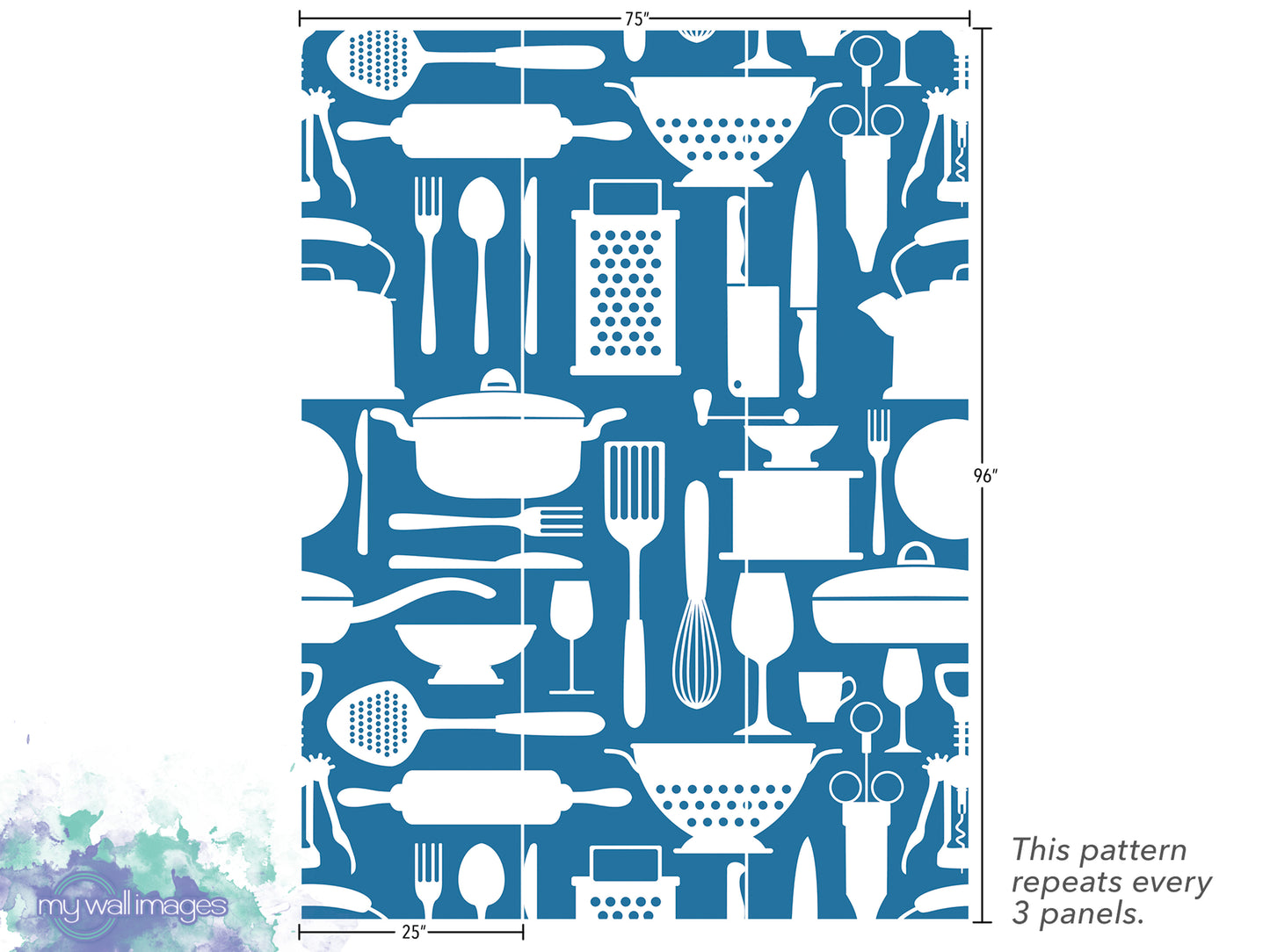 a repeating pattern of various kitchen utensils and appliances, including spoons, knives, graters, and other tools, all depicted in a blue and white color scheme. The pattern repeats every 3 panels, and the image is described as a collage of multiple images.